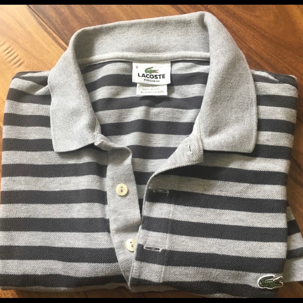 Lacoste Polo, Gray striped, Size L. Lightly worn.
